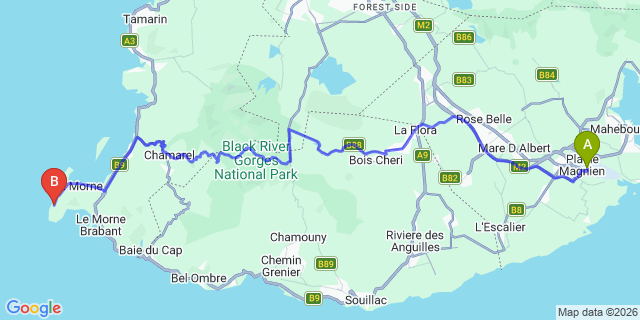 Map: Mauritius Airport (MRU) to LUX* Resorts, Mauritius