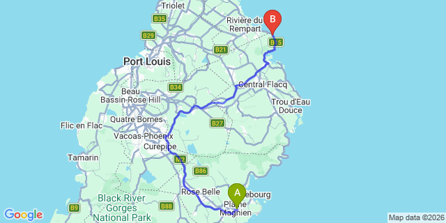 Map: Mauritius Airport (MRU) to LUX Villas, Mauritius