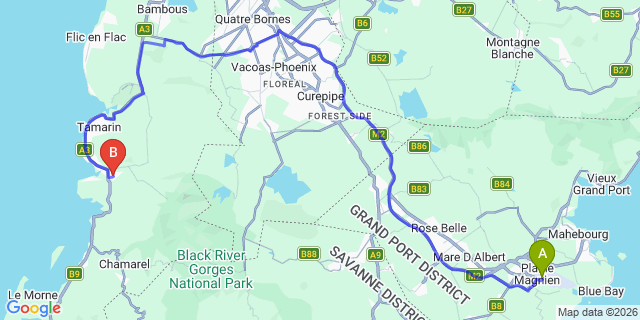 Map: Mauritius Airport (MRU) to Nomade Backpackers, Mauritius