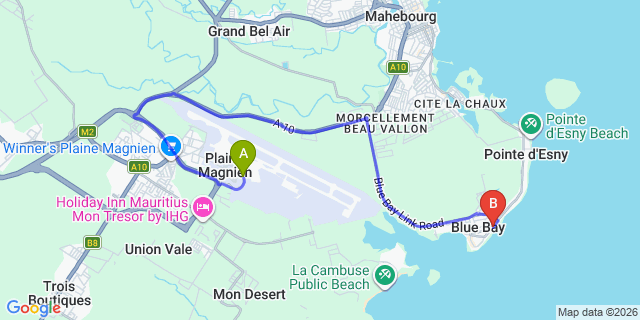 Map: Mauritius Airport (MRU) to Oasis du Lagon, Mauritius
