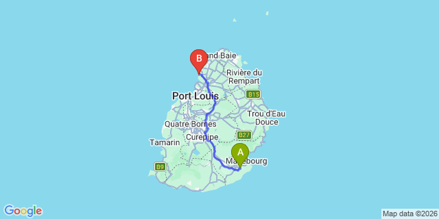 Map: Mauritius Airport (MRU) to Oberoi Hotel
