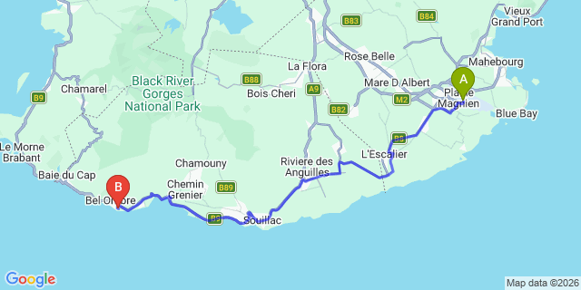 Map: Mauritius Airport (MRU) to Outrigger Mauritius Beach Resort, Mauritius