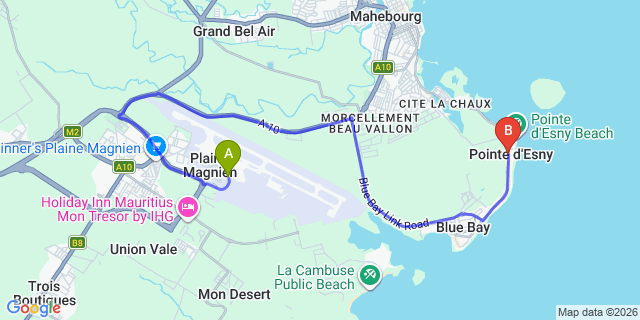 Map: Mauritius Airport (MRU) to Pointe dEsny