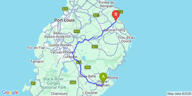 Map: Mauritius Airport (MRU) to Poste de Flacq