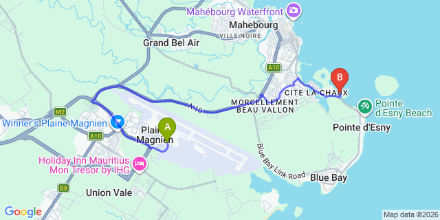 Map: Mauritius Airport (MRU) to Preskil Island Resort, Mauritius