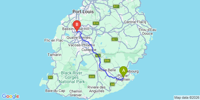 Map: Mauritius Airport (MRU) to Rose Hill Guest House, Mauritius