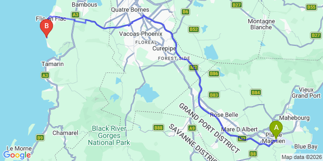 Map: Mauritius Airport (MRU) to Sugar Beach Golf & Spa Resort, Mauritius
