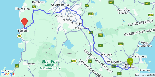 Map: Mauritius Airport (MRU) to Tamarin Bay Hotel, Mauritius