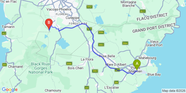 Map: Mauritius Airport (MRU) to Tamarin Falls Villas, Mauritius