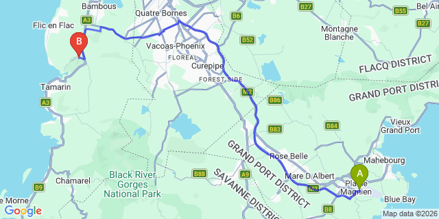 Map: Mauritius Airport (MRU) to Tamarina Golf Estates, Mauritius