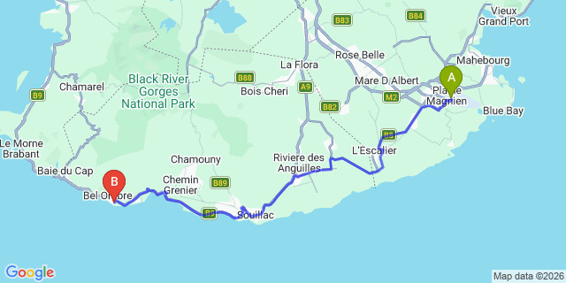Map: Mauritius Airport (MRU) to Tamassa Hotel