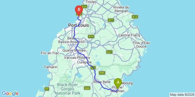 Map: Mauritius Airport (MRU) to Tombeau Bay