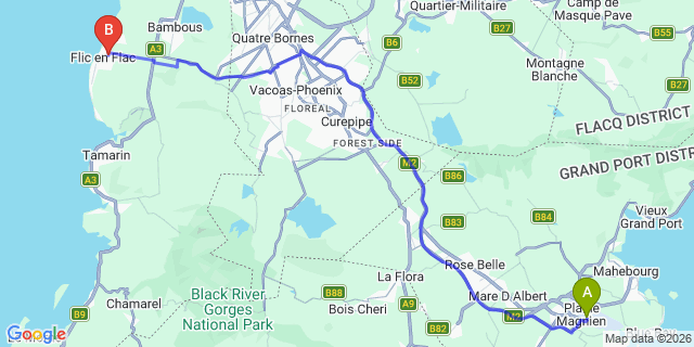 Map: Mauritius Airport (MRU) to Villas Cocotiers, Mauritius