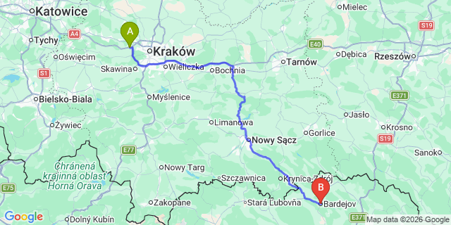 Map: Krakow Airport (KRK) to Bardejov