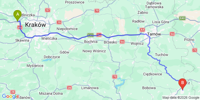 Map: Krakow Airport (KRK) to Libusza
