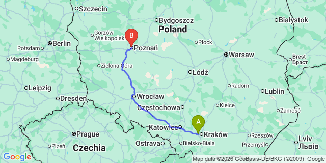 Map: Krakow Airport (KRK) to Poznan