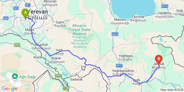 Map: Yerevan Zvartnots Airport (EVN) to Jermuk