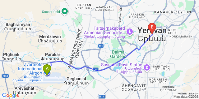 Map: Yerevan Zvartnots Airport (EVN) to Yerevan city (all areas)