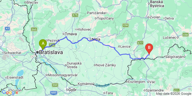 Map: Bratislava Airport (BTS) to Banska Bystrica