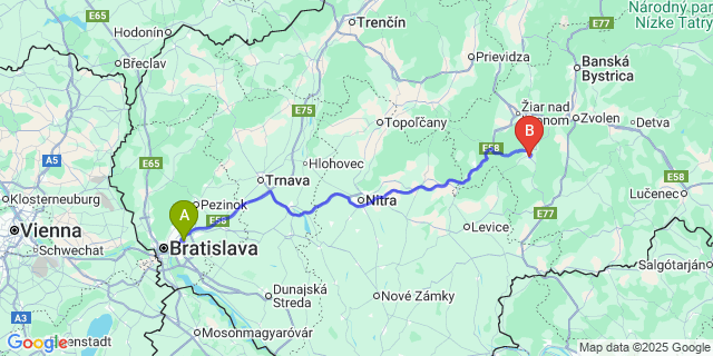 Map: Bratislava Airport (BTS) to Banská Štiavnica