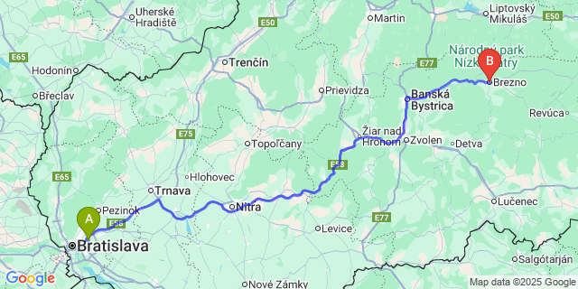 Map: Bratislava Airport (BTS) to Brezno
