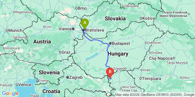 Map: Bratislava Airport (BTS) to Budapest city (all areas)