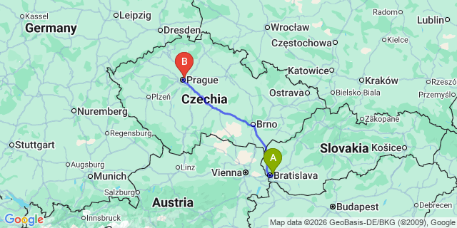 Map: Bratislava Airport (BTS) to Ceske Budejovice