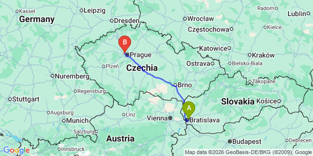 Map: Bratislava Airport (BTS) to Cesky Krumlov