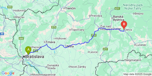 Map: Bratislava Airport (BTS) to Detva
