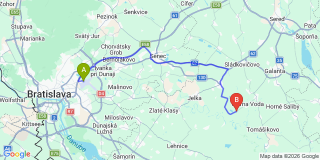 Map: Bratislava Airport (BTS) to Dunajska Streda