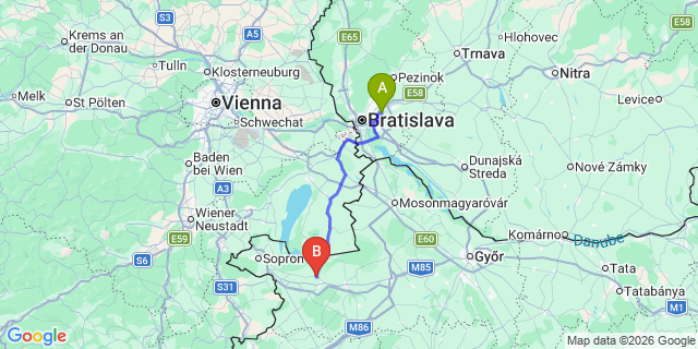 Map: Bratislava Airport (BTS) to Fertőd