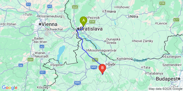 Map: Bratislava Airport (BTS) to Győrszemere