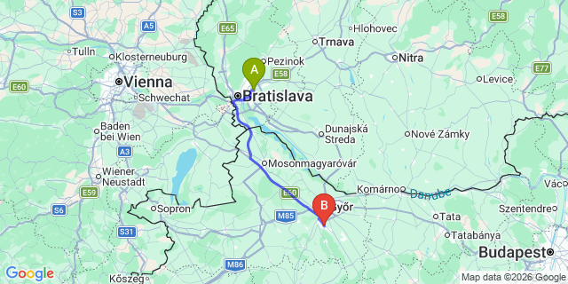 Map: Bratislava Airport (BTS) to Győrújbarát