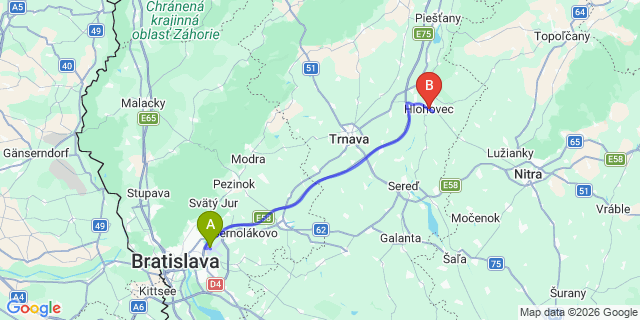 Map: Bratislava Airport (BTS) to Hlohovec