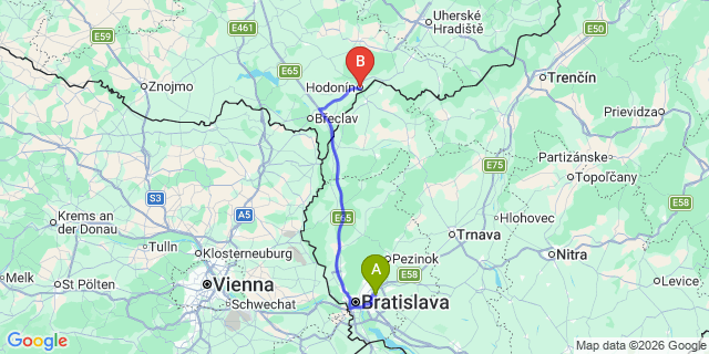 Map: Bratislava Airport (BTS) to Hodonin