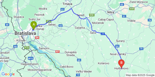 Map: Bratislava Airport (BTS) to Hurbanovo