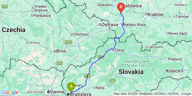 Map: Bratislava Airport (BTS) to Katowice