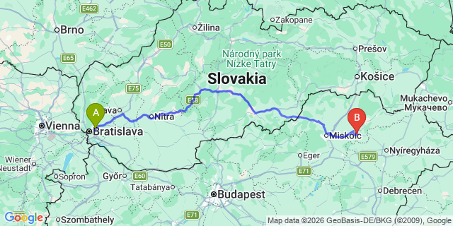 Map: Bratislava Airport (BTS) to Kosice