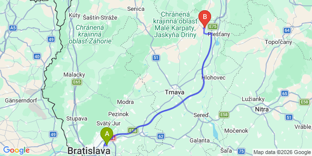 Map: Bratislava Airport (BTS) to Krakowany