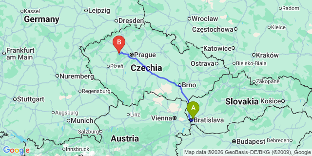 Map: Bratislava Airport (BTS) to Krivoklat