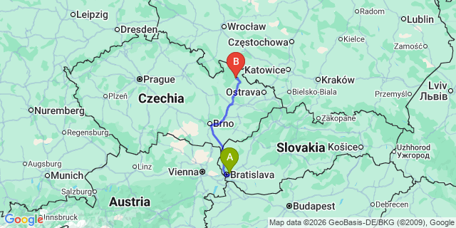 Map: Bratislava Airport (BTS) to Kromeriz