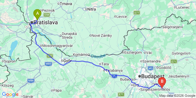 Map: Bratislava Airport (BTS) to Monor