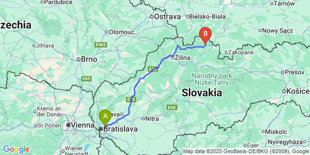 Map: Bratislava Airport (BTS) to Námestovo