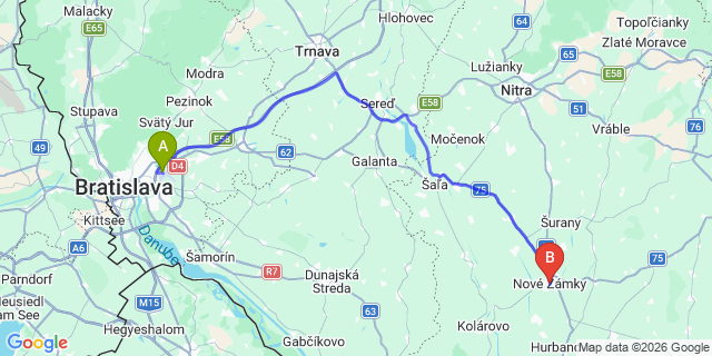Map: Bratislava Airport (BTS) to Nove Zamky