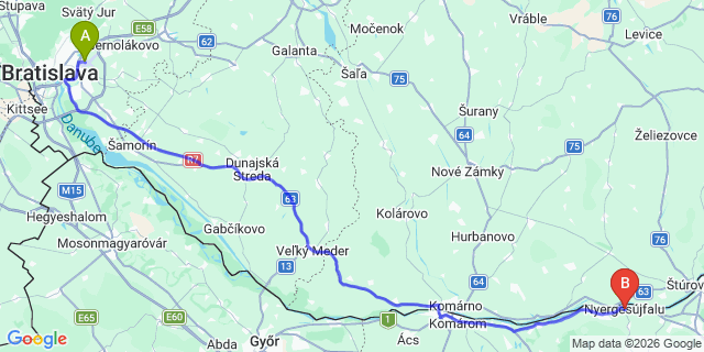 Map: Bratislava Airport (BTS) to Nyergesújfalu