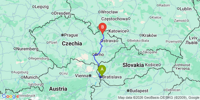 Map: Bratislava Airport (BTS) to Olomouc