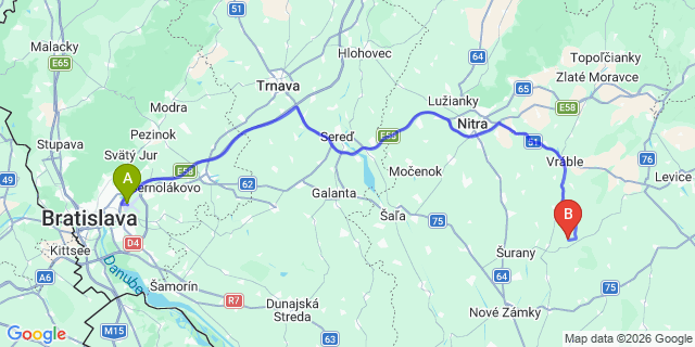 Map: Bratislava Airport (BTS) to Oroszlány