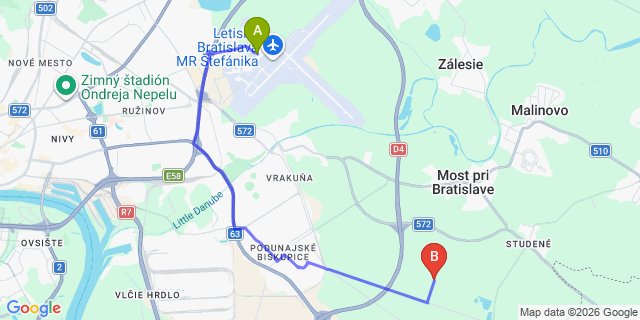 Map: Bratislava Airport (BTS) to Pezinok