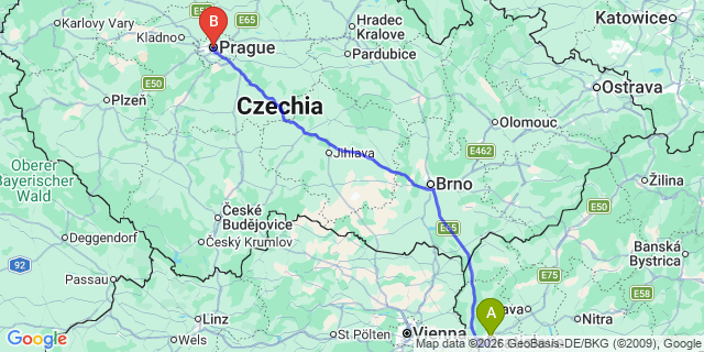 Map: Bratislava Airport (BTS) to Prague city (all areas)