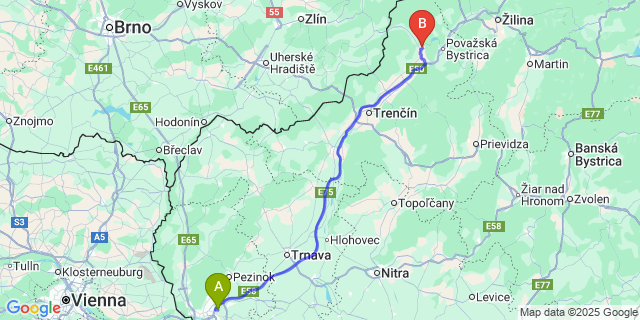 Map: Bratislava Airport (BTS) to Púchov